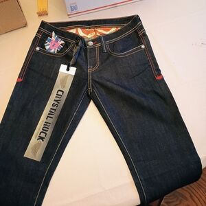 Christian Audigier Women's Boot Cut Jeans - Dark Blue with Red Stitching